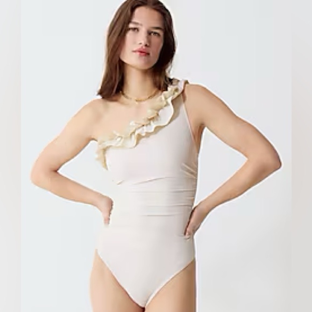 J. Crew Matte Ruffle One-Shoulder Swimsuit - Natural